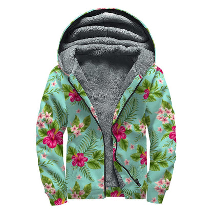 Hibiscus Plumeria Flowers Pattern Print Sherpa Lined Zip Up Hoodie