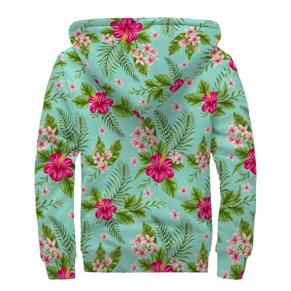 Hibiscus Plumeria Flowers Pattern Print Sherpa Lined Zip Up Hoodie