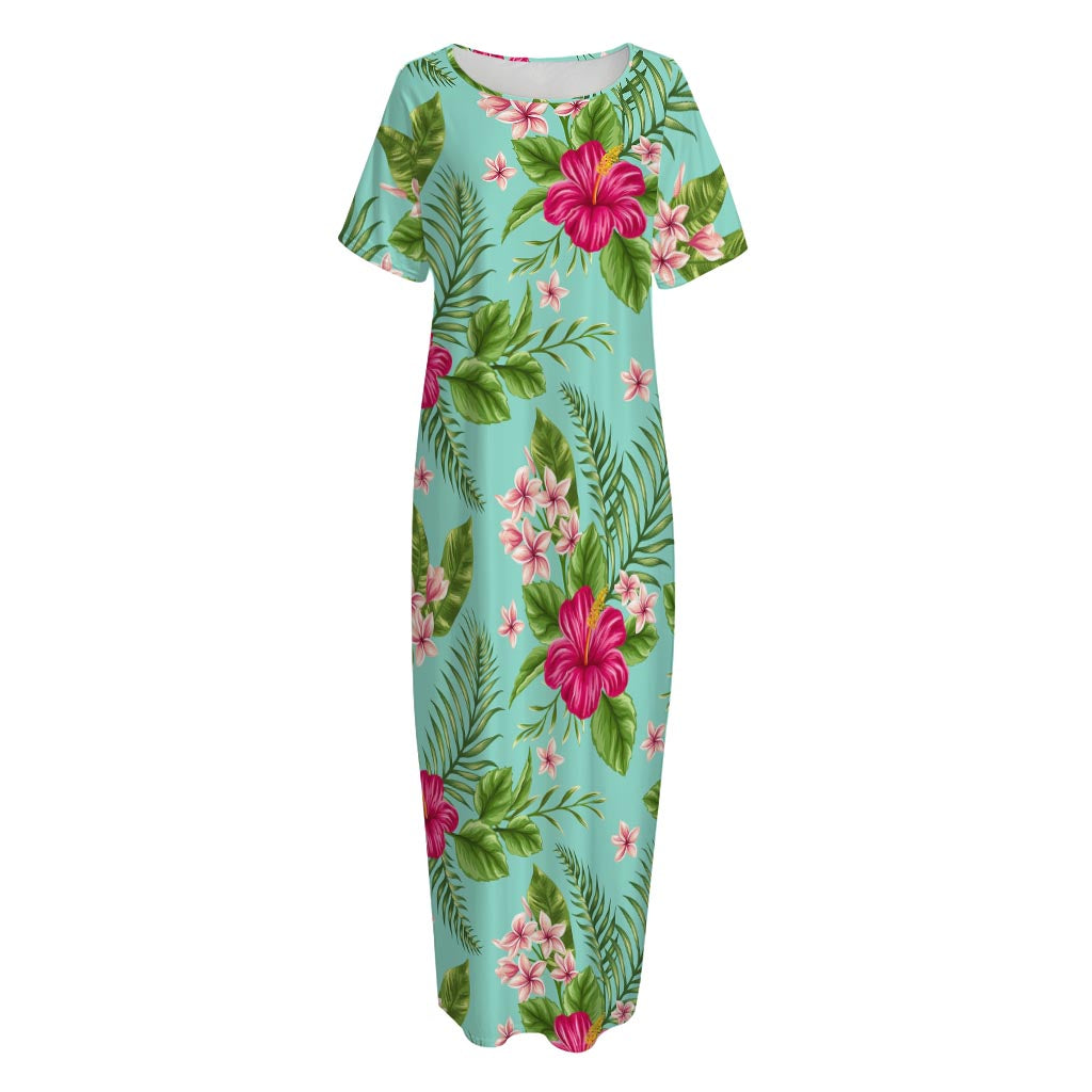 Hibiscus Plumeria Flowers Pattern Print Short Sleeve Long Nightdress