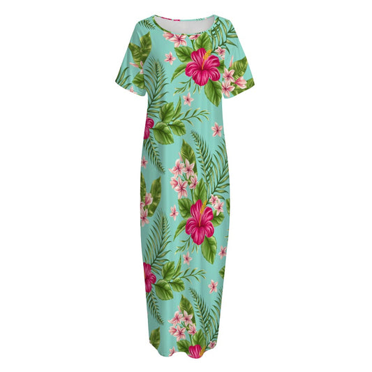 Hibiscus Plumeria Flowers Pattern Print Short Sleeve Long Nightdress