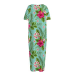 Hibiscus Plumeria Flowers Pattern Print Short Sleeve Long Nightdress