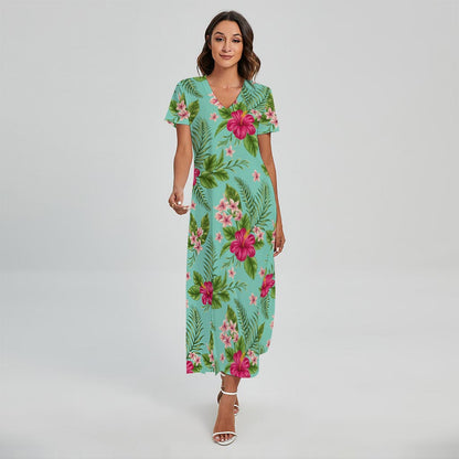 Hibiscus Plumeria Flowers Pattern Print Short Sleeve Maxi Dress