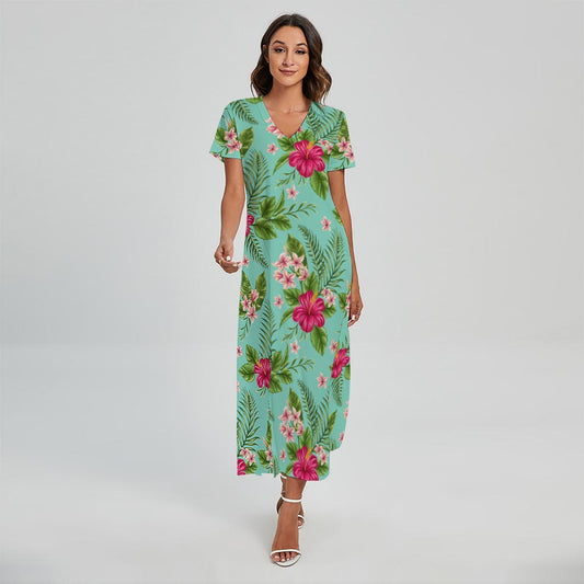 Hibiscus Plumeria Flowers Pattern Print Short Sleeve Maxi Dress