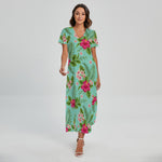 Hibiscus Plumeria Flowers Pattern Print Short Sleeve Maxi Dress