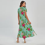 Hibiscus Plumeria Flowers Pattern Print Short Sleeve Maxi Dress