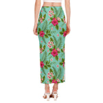 Hibiscus Plumeria Flowers Pattern Print Side Slit Maxi Skirt