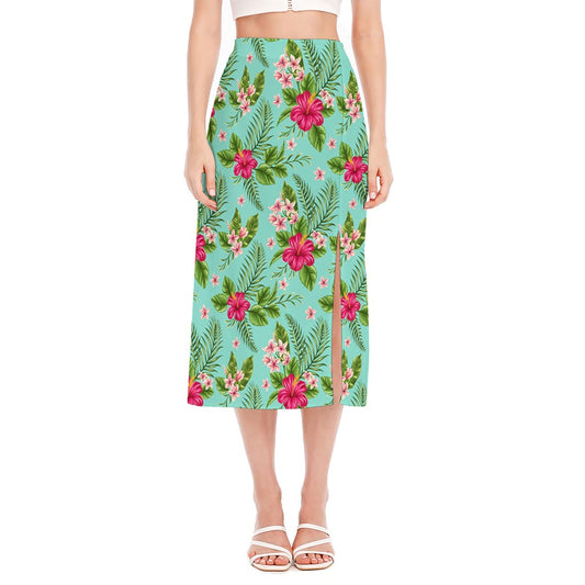 Hibiscus Plumeria Flowers Pattern Print Side Slit Midi Skirt