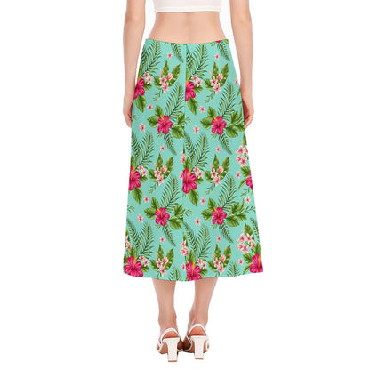 Hibiscus Plumeria Flowers Pattern Print Side Slit Midi Skirt