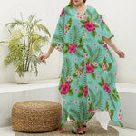 Hibiscus Plumeria Flowers Pattern Print Silk V-Neck Kaftan Dress