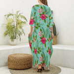 Hibiscus Plumeria Flowers Pattern Print Silk V-Neck Kaftan Dress