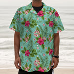 Hibiscus Plumeria Flowers Pattern Print Textured Short Sleeve Shirt