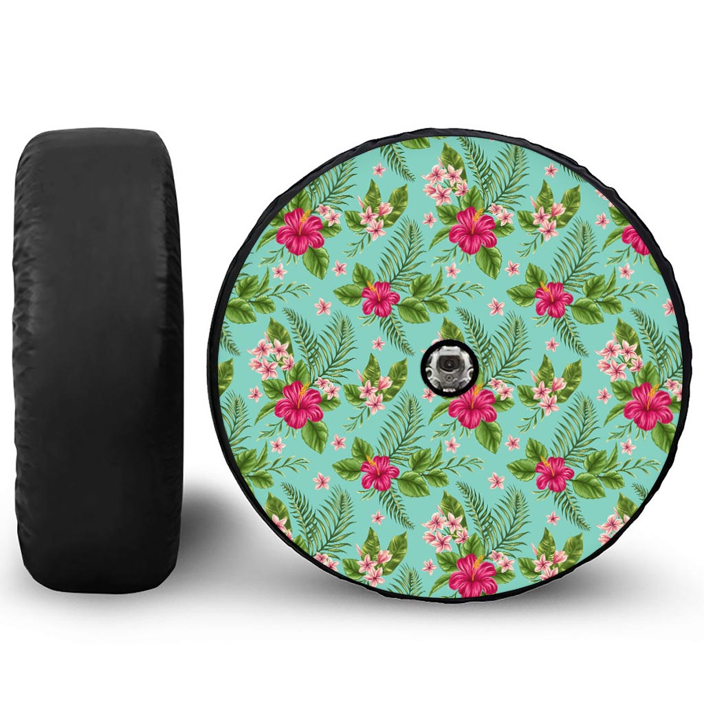 Hibiscus Plumeria Flowers Pattern Print Tire Cover With Camera Hole