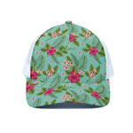 Hibiscus Plumeria Flowers Pattern Print White Mesh Trucker Cap