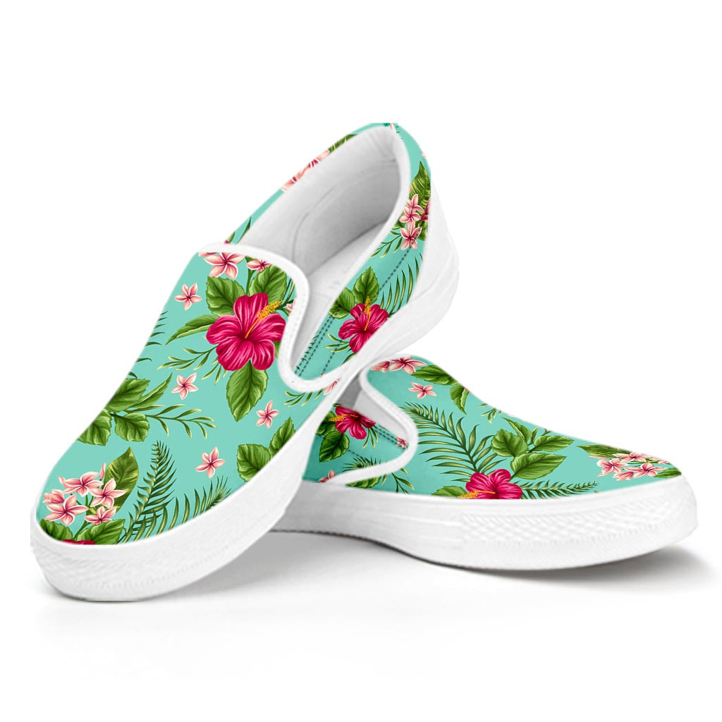 Hibiscus Plumeria Flowers Pattern Print White Slip On Sneakers