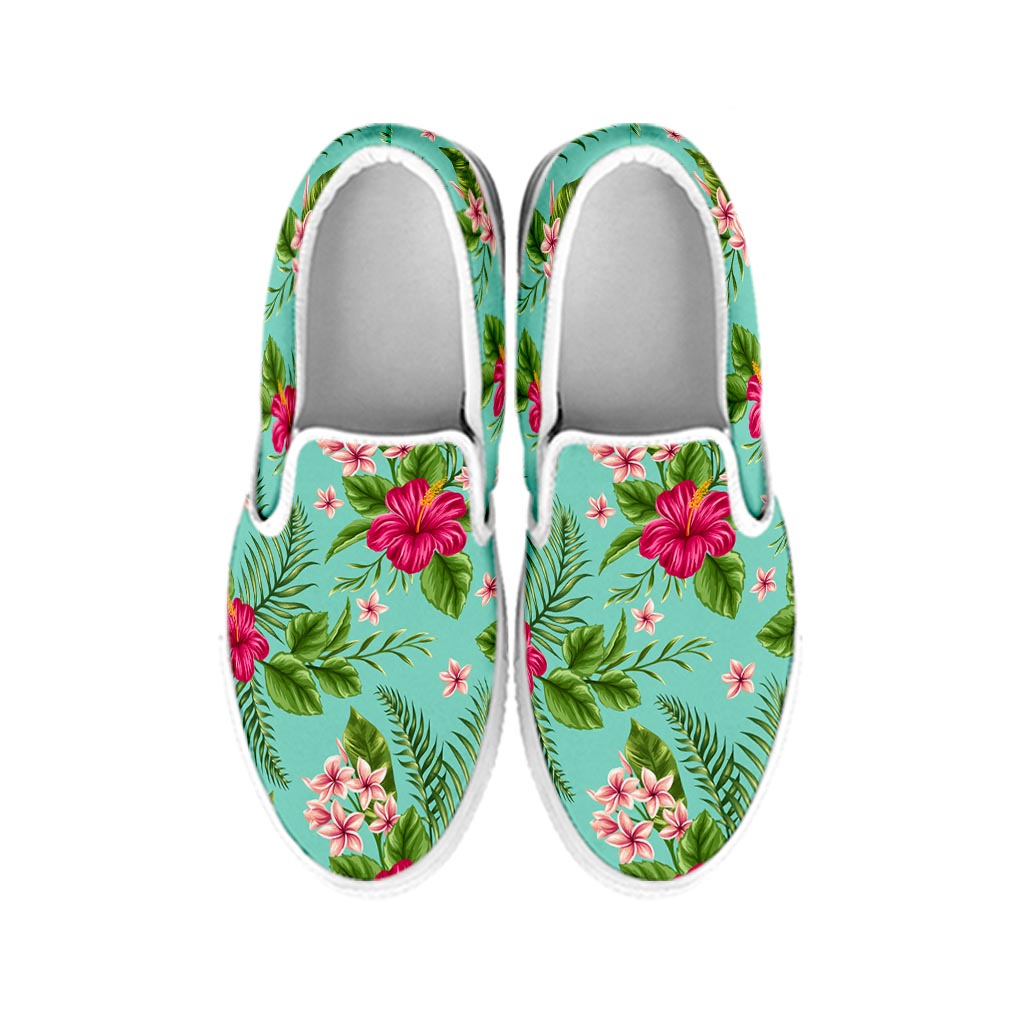 Hibiscus Plumeria Flowers Pattern Print White Slip On Sneakers