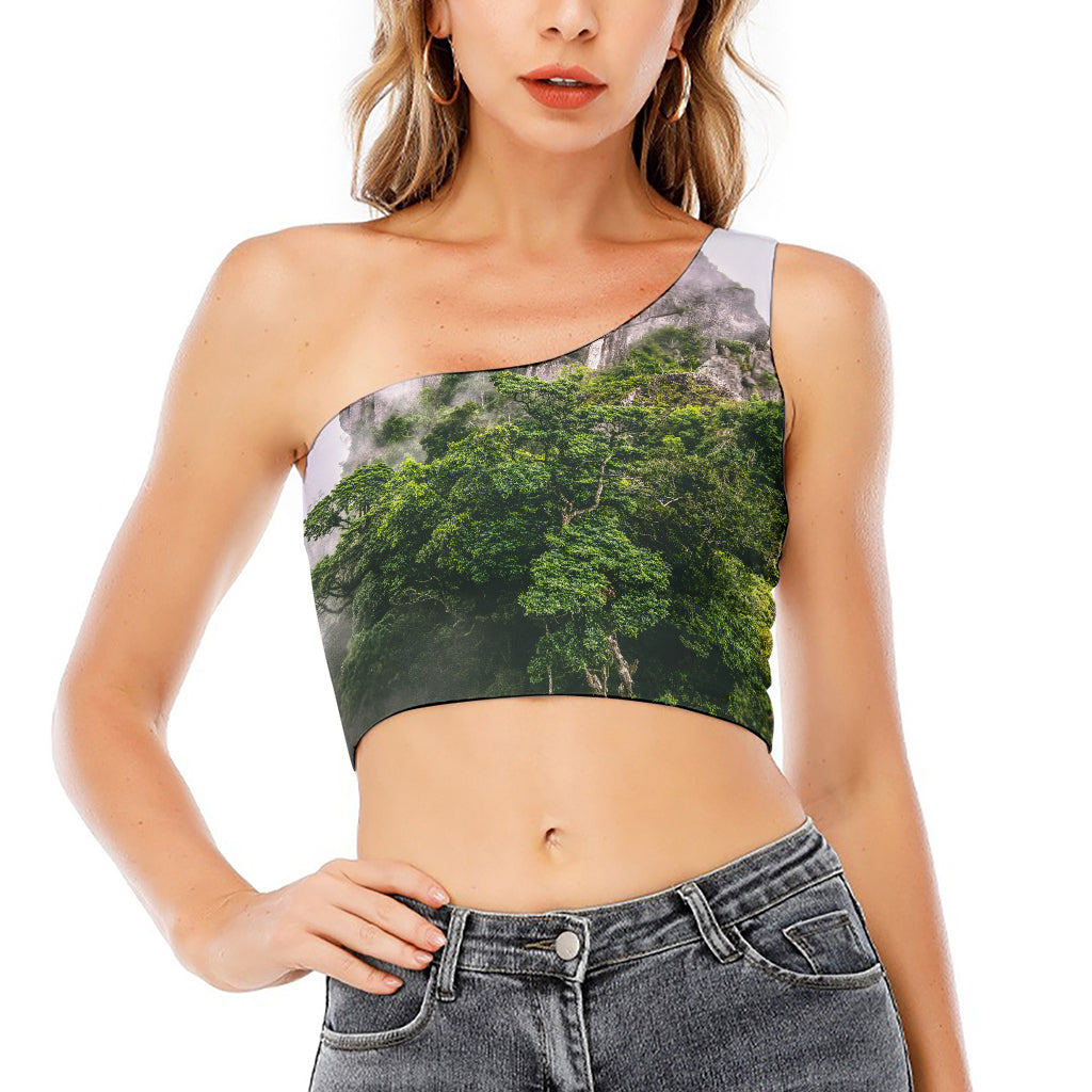 High Mountain Print One Shoulder Crop Top