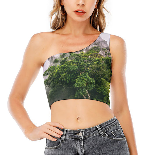 High Mountain Print One Shoulder Crop Top