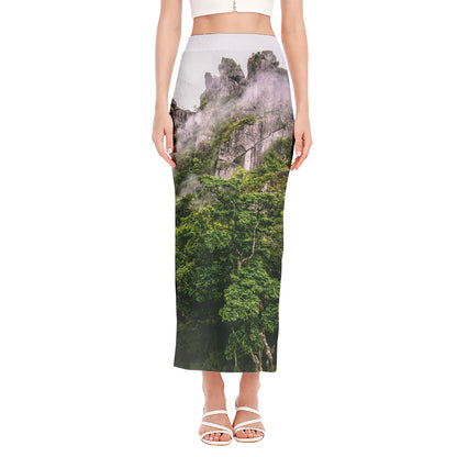 High Mountain Print Side Slit Maxi Skirt