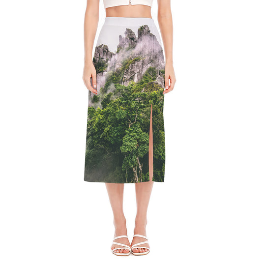 High Mountain Print Side Slit Midi Skirt