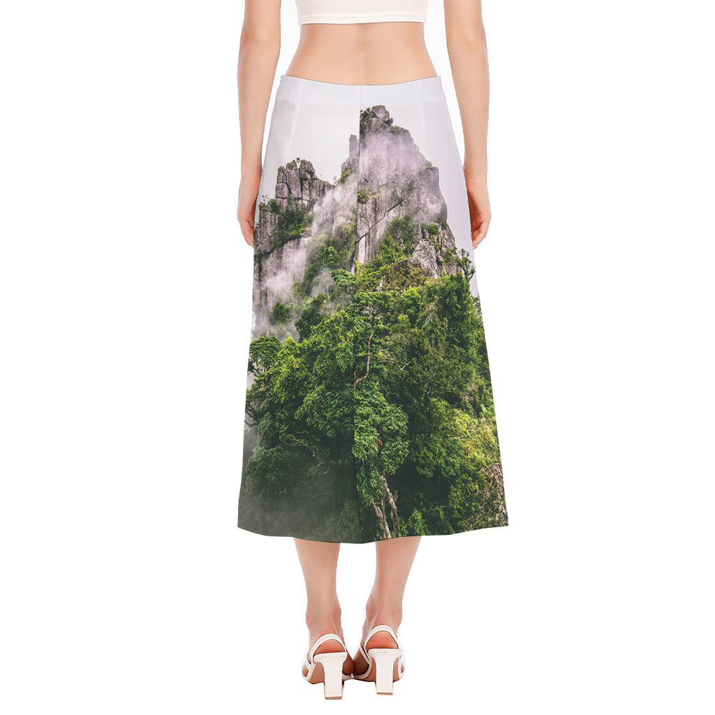 High Mountain Print Side Slit Midi Skirt