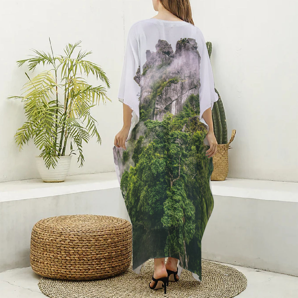 High Mountain Print Silk V-Neck Kaftan Dress