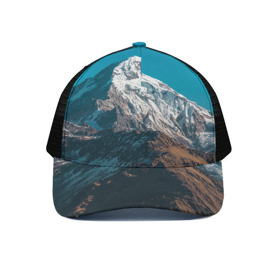 Himalaya Mountain Print Black Mesh Trucker Cap