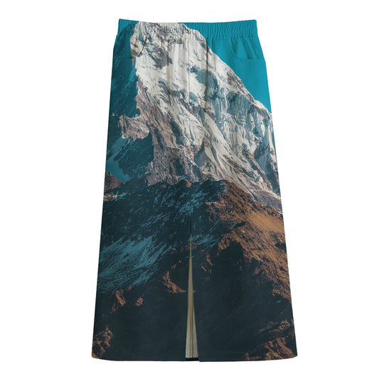 Himalaya Mountain Print Cotton Front Slit Maxi Skirt