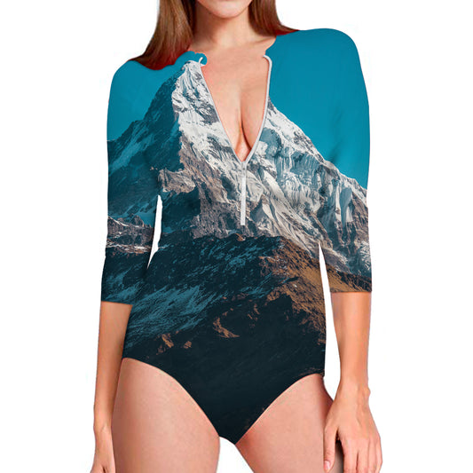 Himalaya Mountain Print Long Sleeve Swimsuit