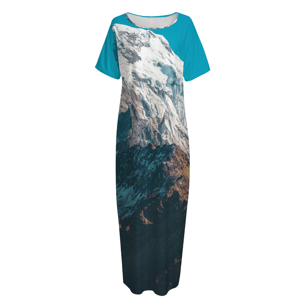 Himalaya Mountain Print Short Sleeve Long Nightdress