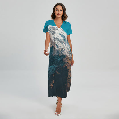 Himalaya Mountain Print Short Sleeve Maxi Dress