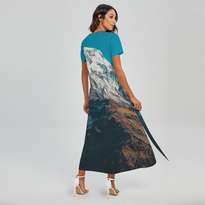 Himalaya Mountain Print Short Sleeve Maxi Dress
