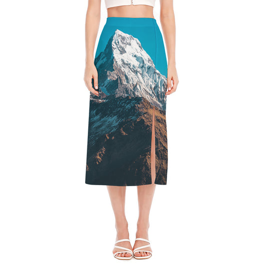 Himalaya Mountain Print Side Slit Midi Skirt