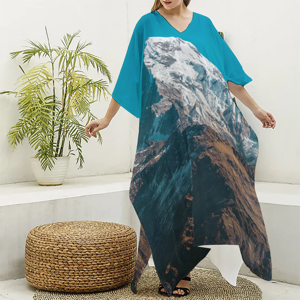 Himalaya Mountain Print Silk V-Neck Kaftan Dress