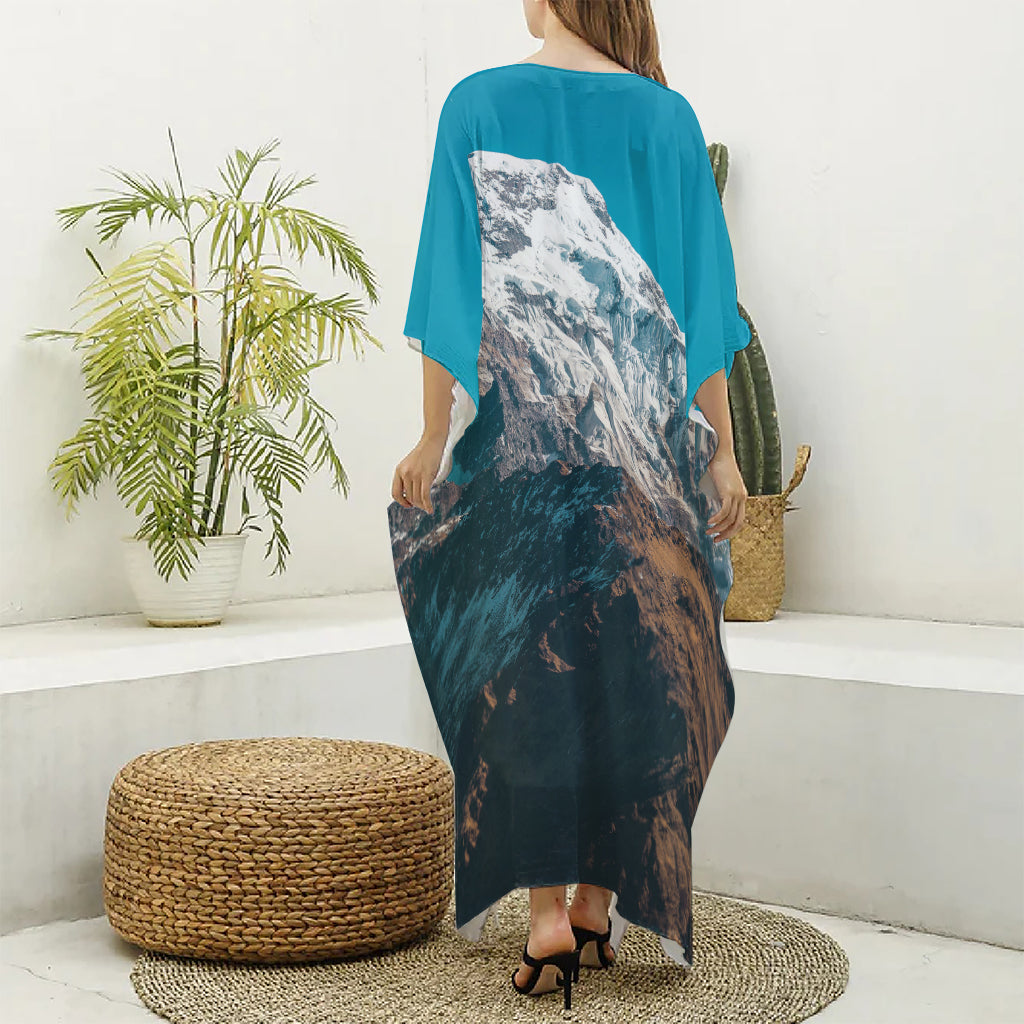 Himalaya Mountain Print Silk V-Neck Kaftan Dress