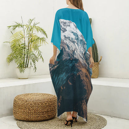 Himalaya Mountain Print Silk V-Neck Kaftan Dress