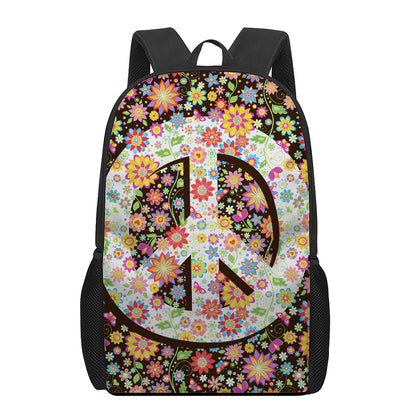 Hippie Flower Peace Sign Print 17 Inch Backpack