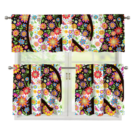 Hippie Flower Peace Sign Print 3 Piece Kitchen Curtains