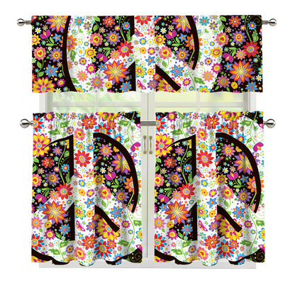 Hippie Flower Peace Sign Print 3 Piece Kitchen Curtains