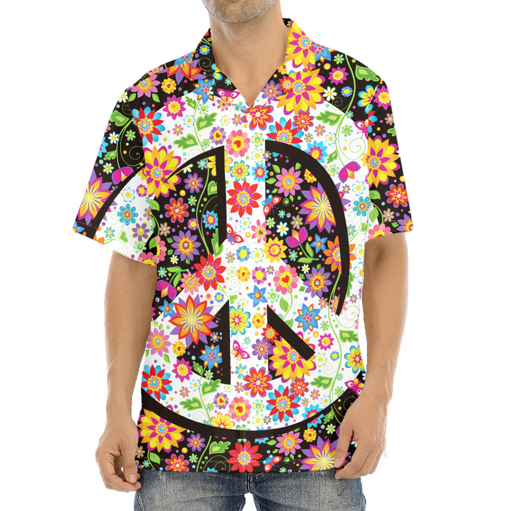 Hippie Flower Peace Sign Print Aloha Shirt