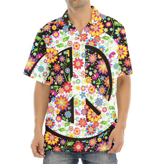 Hippie Flower Peace Sign Print Aloha Shirt