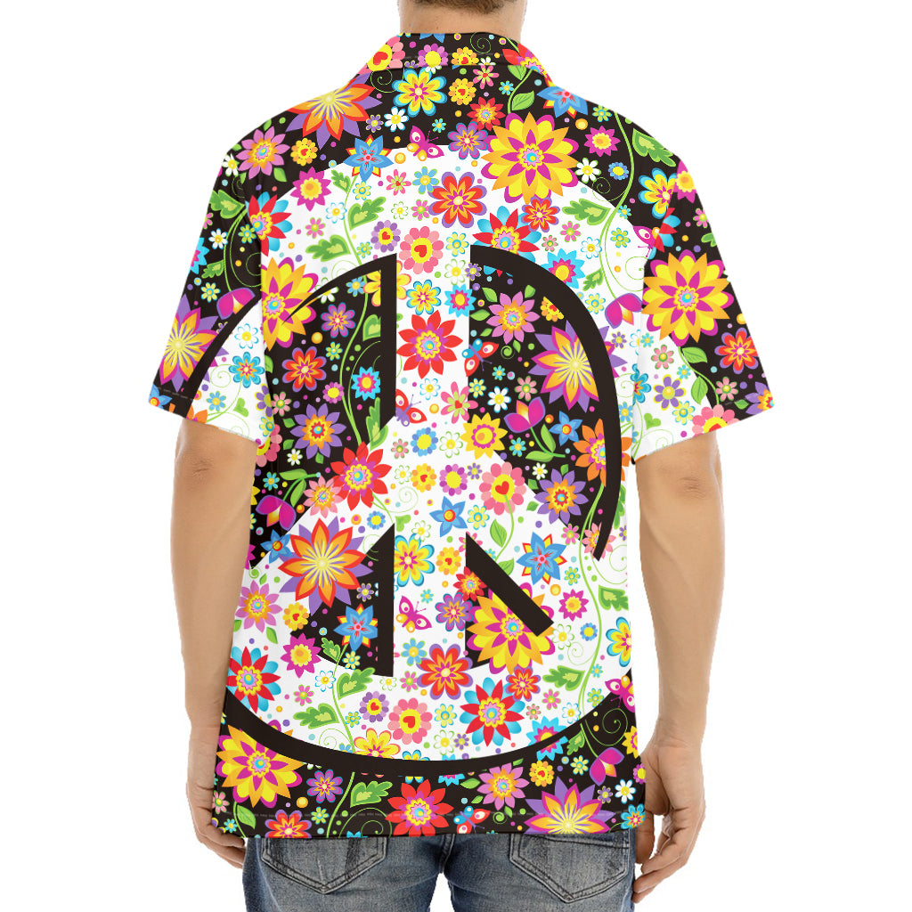 Hippie Flower Peace Sign Print Aloha Shirt