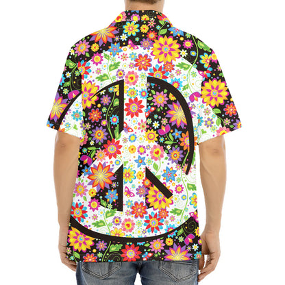 Hippie Flower Peace Sign Print Aloha Shirt