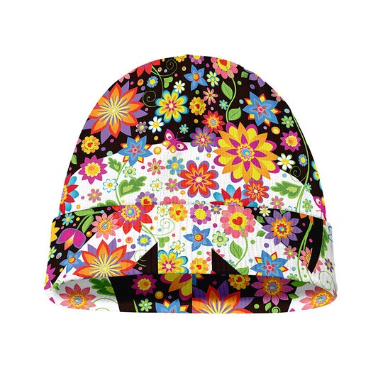 Hippie Flower Peace Sign Print Beanie