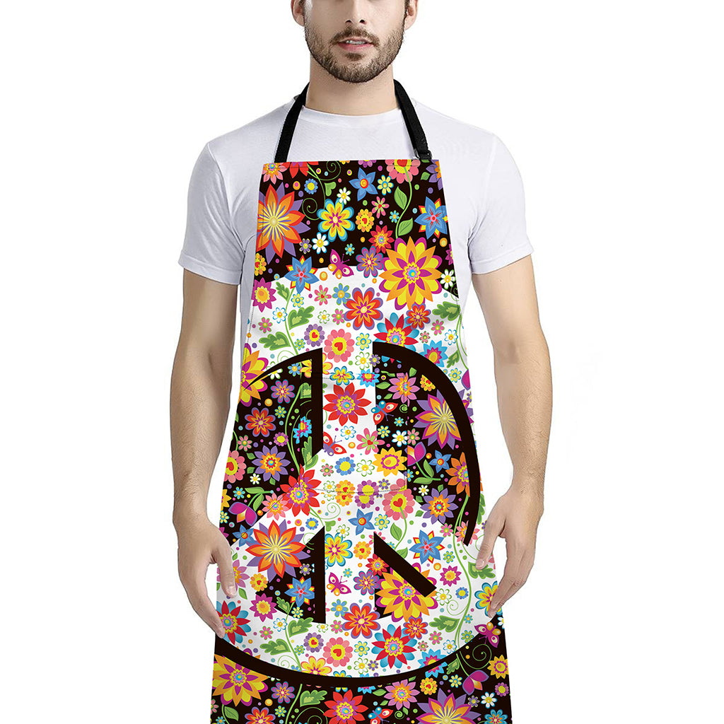 Hippie Flower Peace Sign Print Bib Apron With Pocket