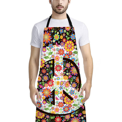 Hippie Flower Peace Sign Print Bib Apron With Pocket