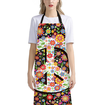 Hippie Flower Peace Sign Print Bib Apron With Pocket