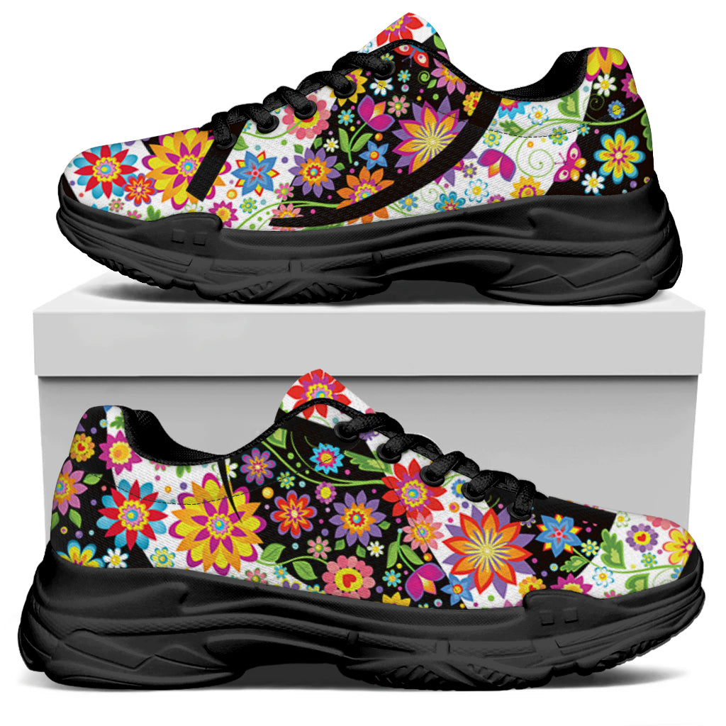 Hippie Flower Peace Sign Print Black Chunky Shoes