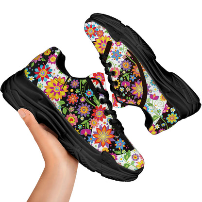 Hippie Flower Peace Sign Print Black Chunky Shoes