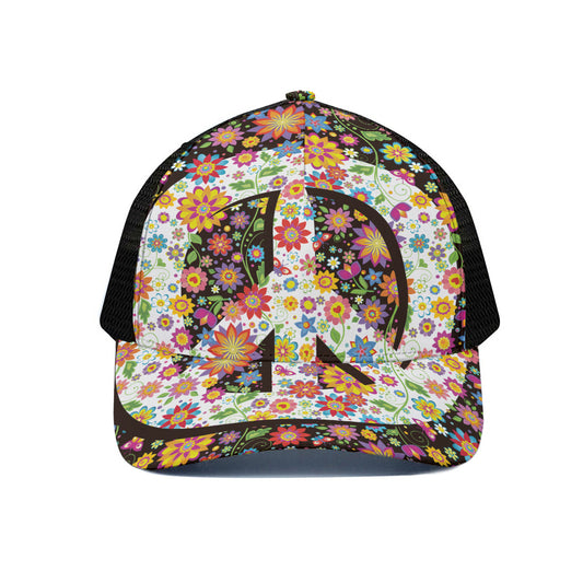 Hippie Flower Peace Sign Print Black Mesh Trucker Cap