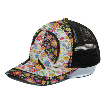 Hippie Flower Peace Sign Print Black Mesh Trucker Cap
